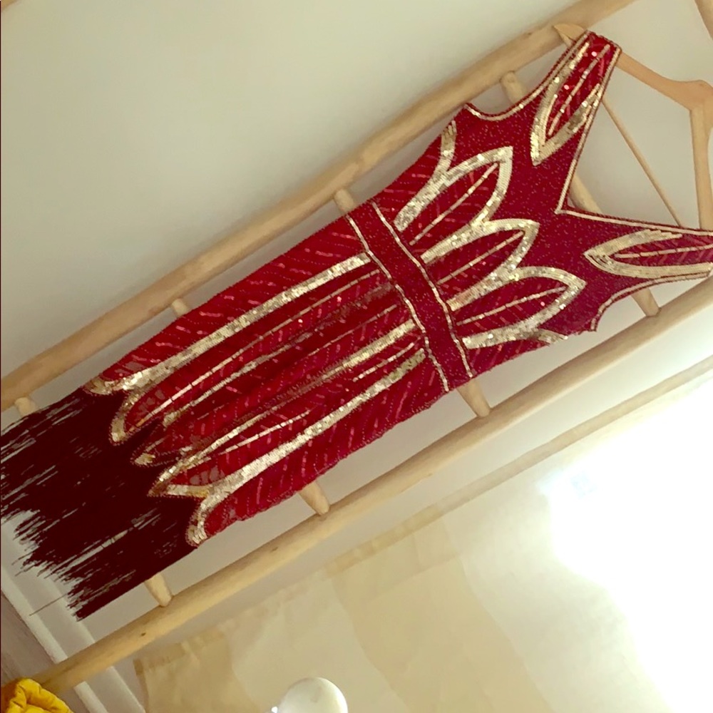 Red and gold sequin flapper dress